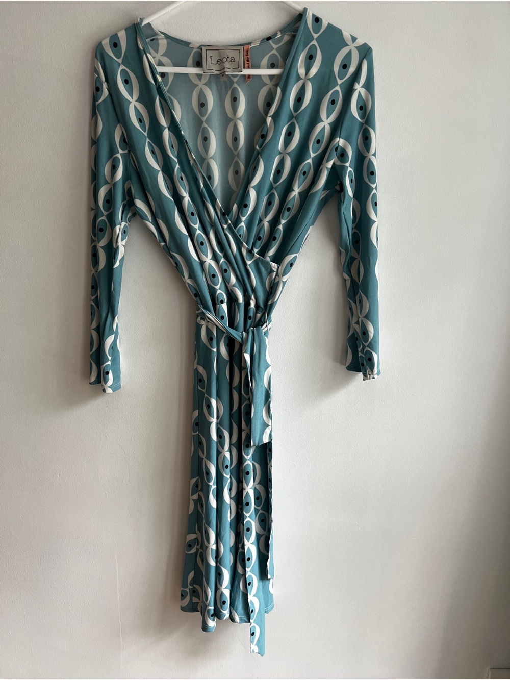 Leota Teal Wrap Dress with White Retro Print